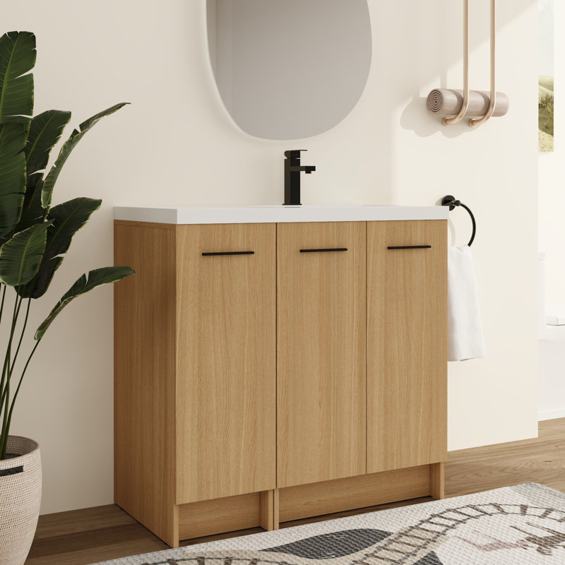 Meuble-lavabo autoportant 36 po avec lavabo en résine et tablette réglable 36 po, 3 portes à fermeture en douceur, Right