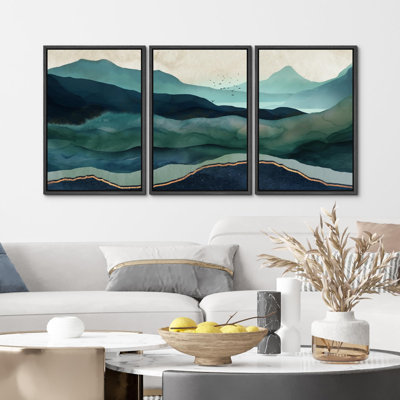 Abstract Mountain " Mystic Mountains Ombre Blue Landscape Trio Serene Abstract Nature Wilderness Modern Decor " 3 - Pieces