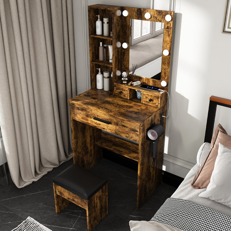Table de coiffeuse rétro avec éclairage à DEL réglable, prise de courant, support pour sèche-cheveux et tabouret rembourré - une option peu encombrante pour les petites chambres, avec 1 grand 2 tiroirs compacts, étagère ouverte