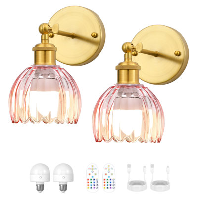 Battery Operated Tulip Wall Sconce Set Of 2 With Remote & Bulb, Dimmable Wireless Rechargeable Wall Lights (3 Color Temp & 12 Rgb) For Bedroom Living Room Hallway