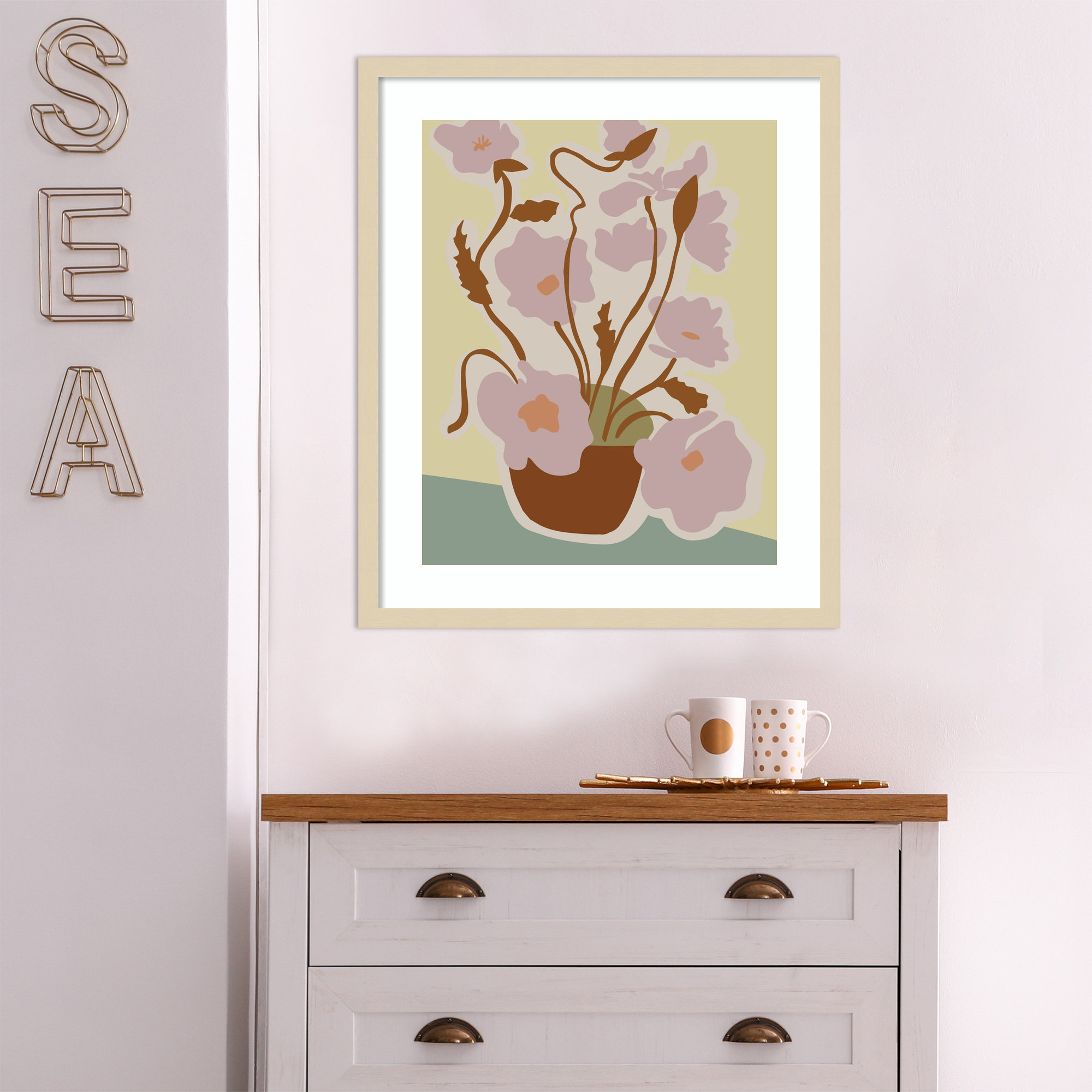 Expressive Abstract House Plant Pink On Yellow Framed On Paper Print, 25" H x 21" W x 1" D, Brown