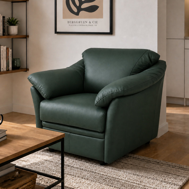 Chaise en cuir fleur Ramdev, H 34 po x l 39 po x P 36 po, Cuir véritable vert