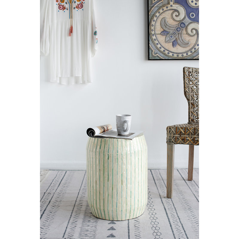 Tabouret cylindrique Capiz à rayures - bleu, finition nacrée