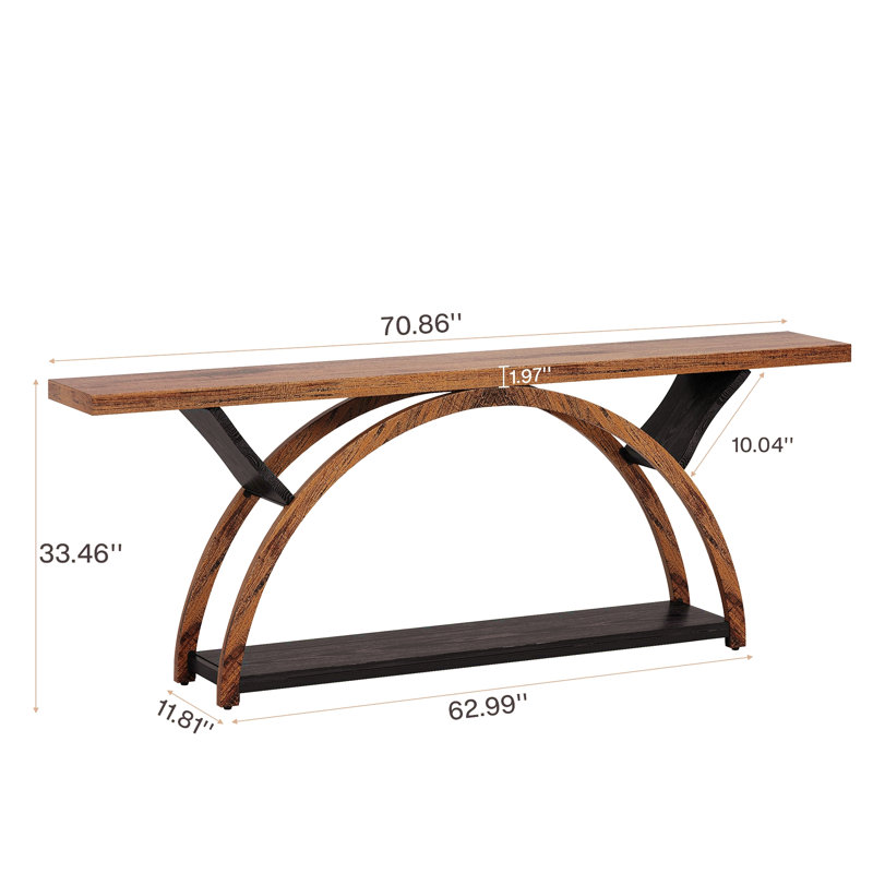Console 70,87 po avec tablette de rangement, canapé long et étroit derrière le canapé, table d'entrée rustique à 2 niveaux avec structure en demi-lune