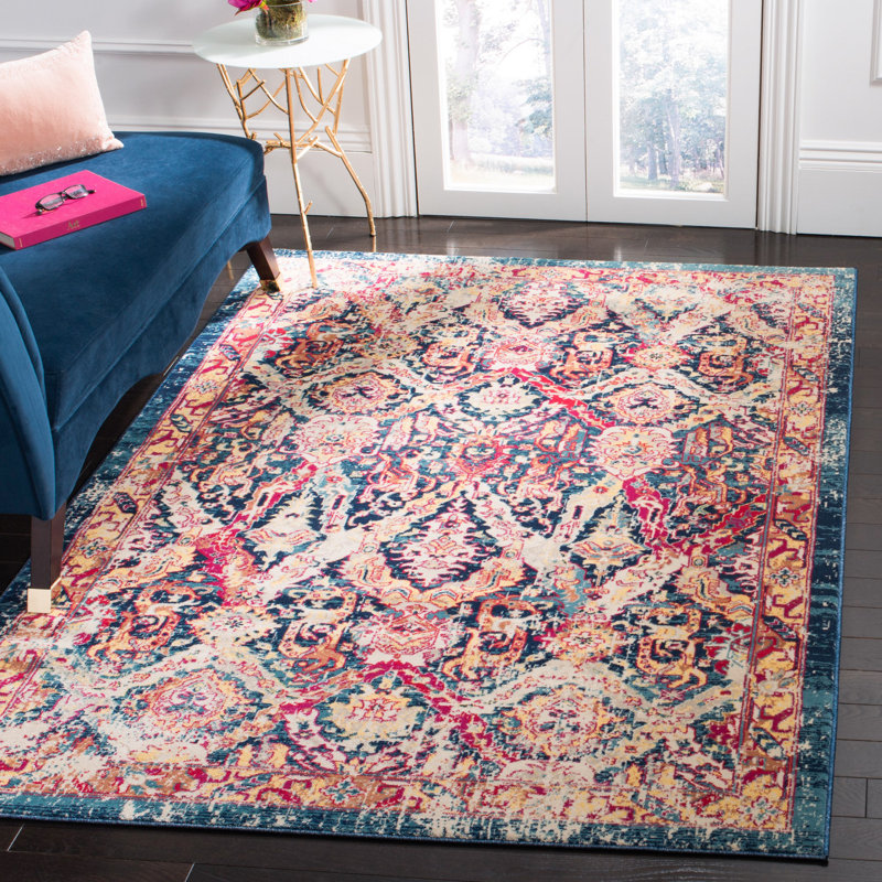 Tapis oriental bleu / fuchsia Annette, Rectangle 5 pi 1 po x 7 pi 6 po
