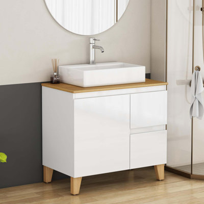 Meuble-lavabo moderne de 31,5 po avec lavabo combiné, 1 porte et 2 grands tiroirs, système de fermeture en douceur, conception sans poignée, comptoir et pieds en bois massif, lavabo en céramique de forme carrée sur le comptoir, brillant