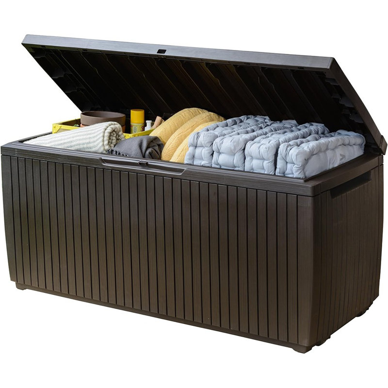 Boîte de rangement extérieure en résine de 80 gallons pour coussins de patio, jouets de piscine et outils de jardin, brun