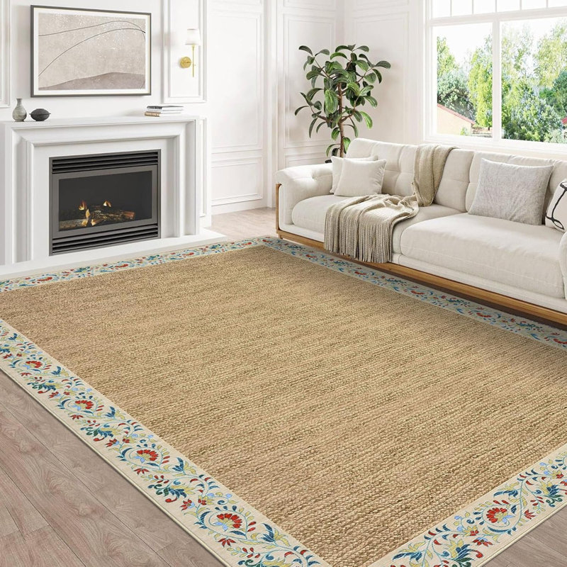 Floral Bordered Kitchen Rug – Minimalist, Non-Slip, Washable Runner for Hallways, Entryway, Bedroom, Rectangle 8' x 10'