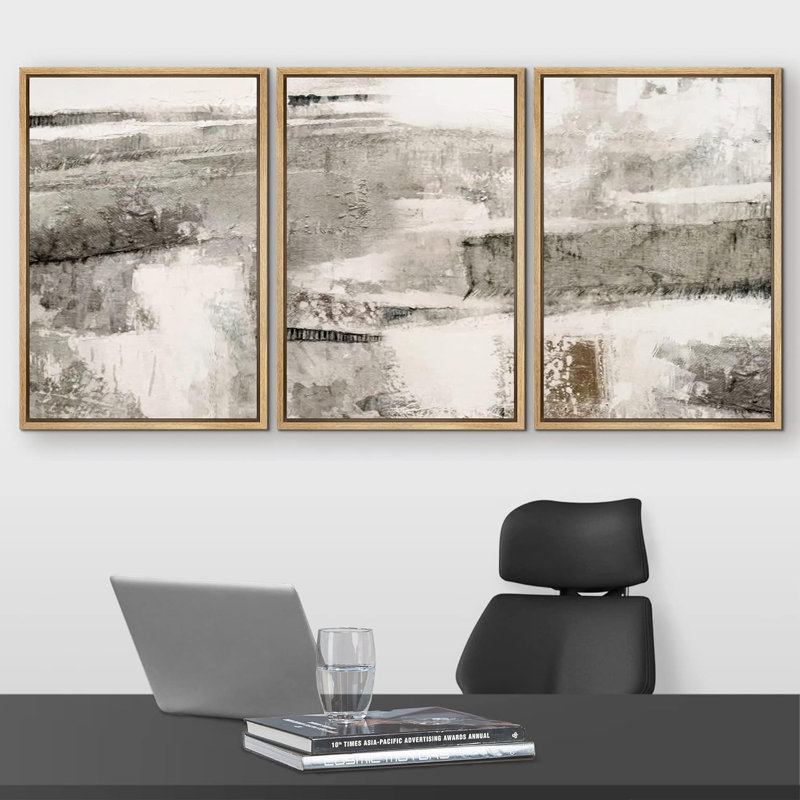 «Minimal Black Grey Landscape Abstract Shapes Modern Chic on Canvas», reproduction de 3 pièces, H 36 po x l 72 po x P 1,5 po