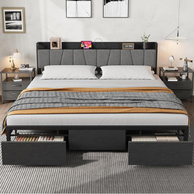 Base de lit avec rangement moderne - plateforme rembourrée avec tête de lit, 2 tiroirs en fer et station de charge de type C - Structure en métal robuste, aucun sommier nécessaire - Noir
