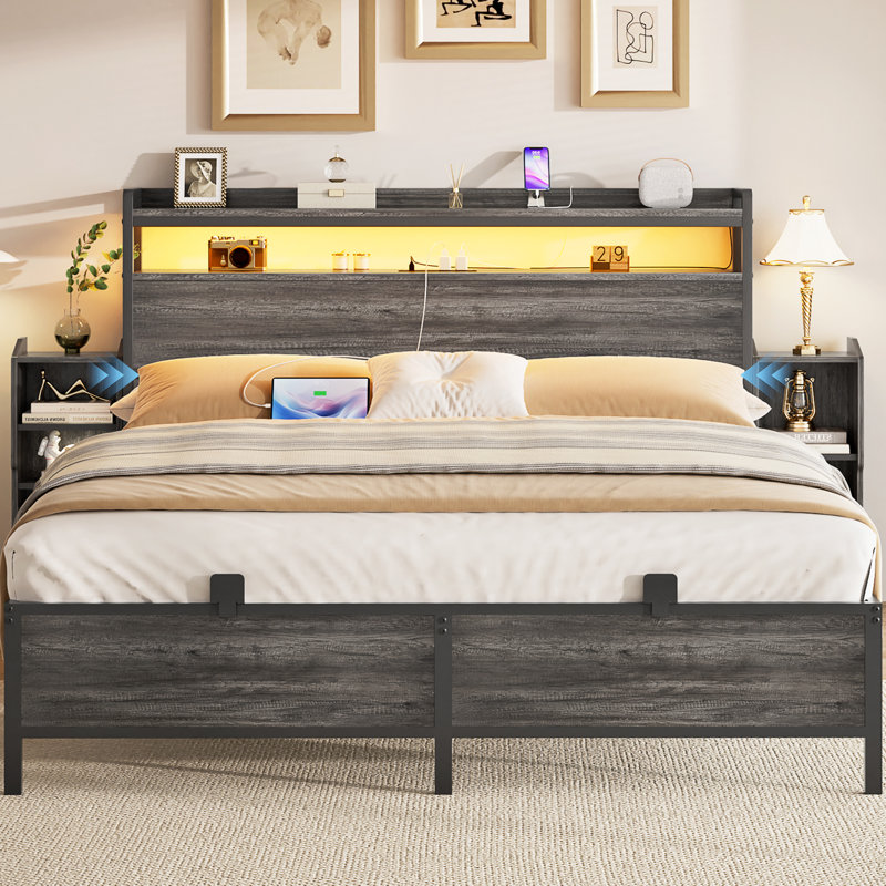 Bookcase Bed With Storage Slide Bedside Shelf and Charging Station & LED Light, Full XL, Gray