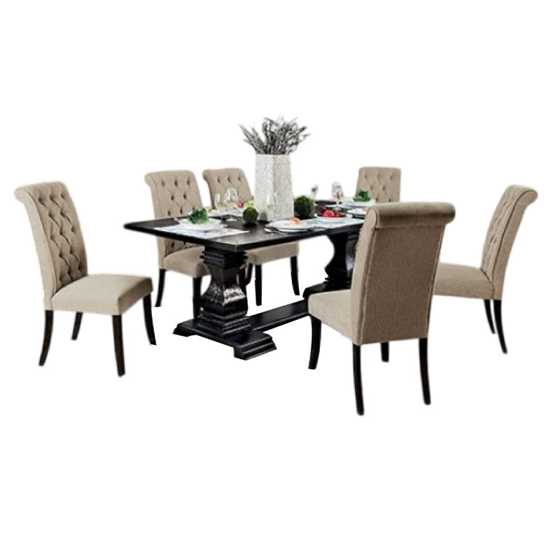 Ensemble de table de salle à manger 7 pièces Erixa avec 6 chaises en tissu, détails à volutes, noir