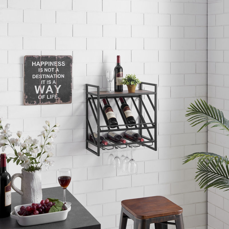 Industrial Wall Mount Metal Wine Rack with Distressed Wood Shelf