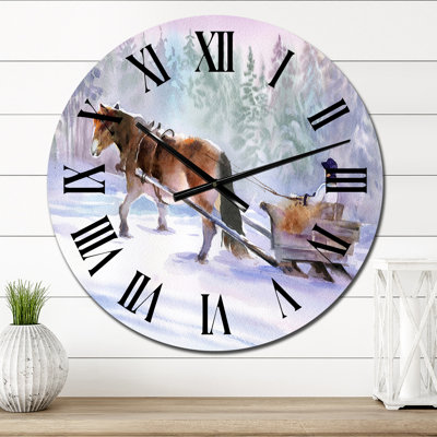 Cheval avec un traîneau dans un paysage enneigé - Horloge murale traditionnelle
