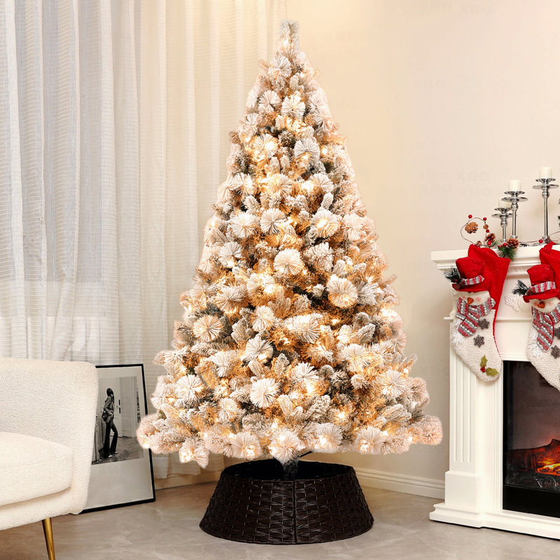 Arbre de Noël artificiel enneigé 6,5 pi avec 350 lumières claires, 1107 branches, support en métal et arbre de Noël articulé