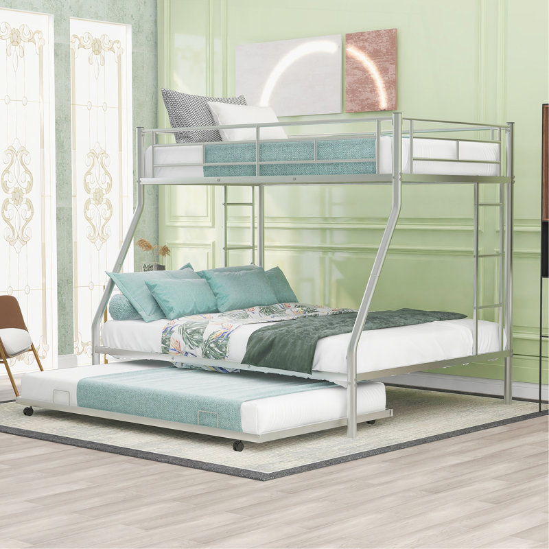 Twin Over Full Bed With Sturdy Steel Frame, Bunk Bed With Twin Size Trundle, Two-Side Ladders, Silver, Silver