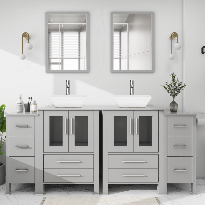 Aidien 72’’ Double Bathroom Vanity Set with Ceramic Vessel Sink Top, Faucets, Gray, Gray