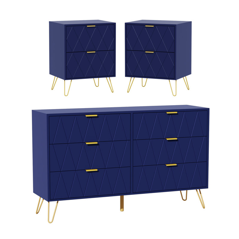Ensemble de commode pour chambre à coucher 6 tiroirs l 47,2 po avec 2 tables de chevet, Bleu marine