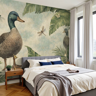 Peel and Stick Wallpaper 96" W x 69" H Modern Self Adhesive Wall Mural for Bedroom Vintage Botanical Mallard Duck Tropical Leaves