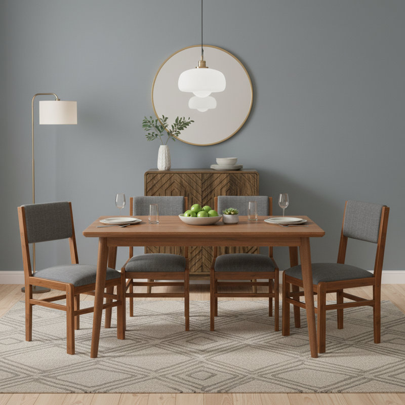Ensemble de salle à manger 6 pièces avec table rectangulaire en bois, 4 chaises rembourrées et armoire de rangement en noyer