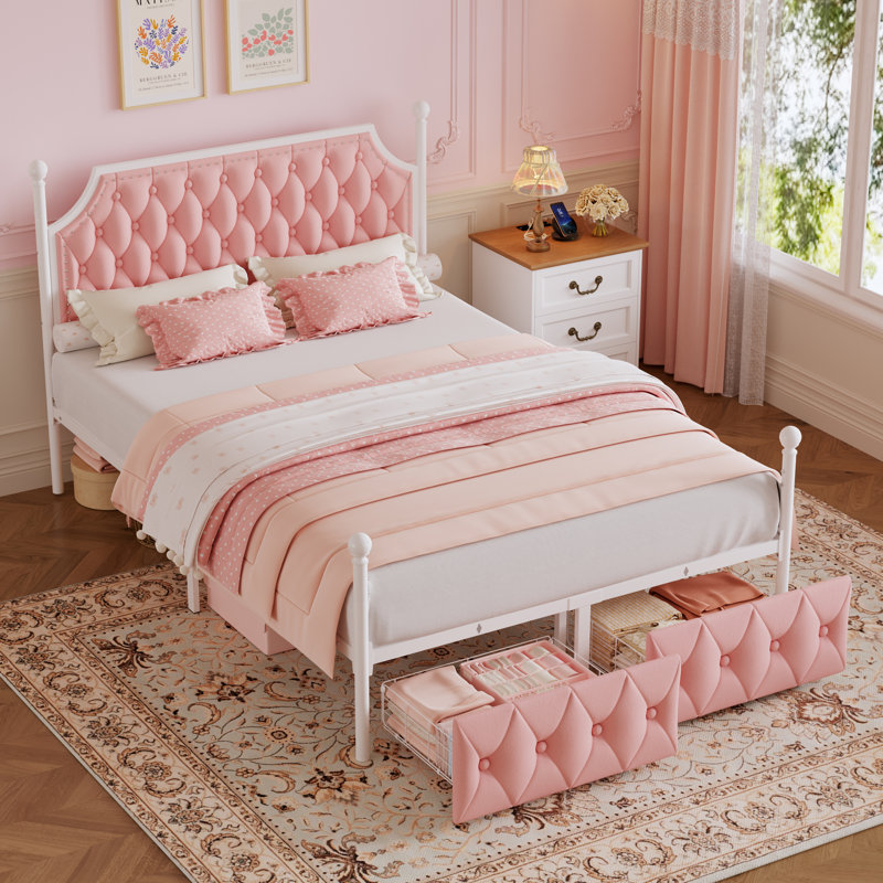 Ensemble de chambre à coucher 3 pièces, lit à baldaquin en métal avec tiroirs de rangement, Pink, Full / Double