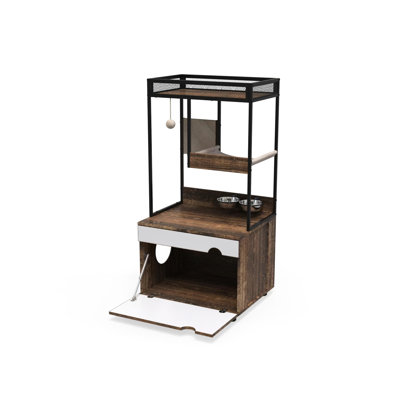 Multi-Functional Cat Litter Box Cabinet - Vintage Look With Tree Tower For Cats White + Furniture Enclosure And
