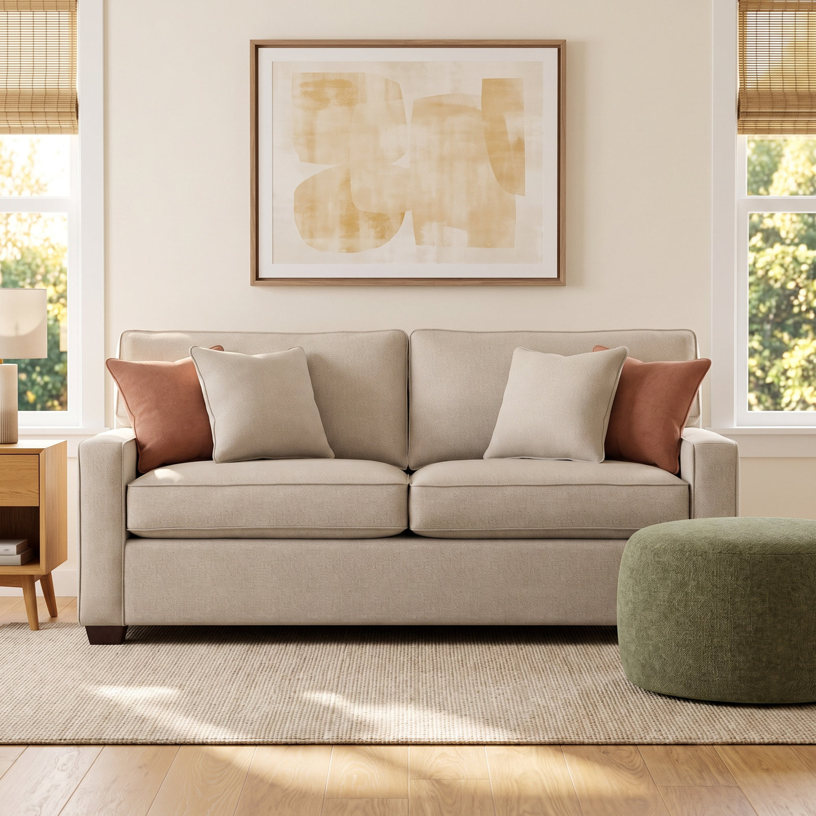 Ellora 81'' Upholstered Sofa, Gel Memory Foam Mattress, Eggshell Crypton Performance; 0884-93, Java Finish