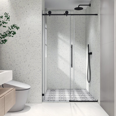 Porte de douche sans cadre noir mat avec fermeture en douceur, membrane facile à nettoyer et anti-déflagrante