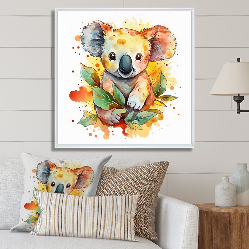Adorable bébé koala sur toile, Cadre flottant blanc, 24" H x 24" W