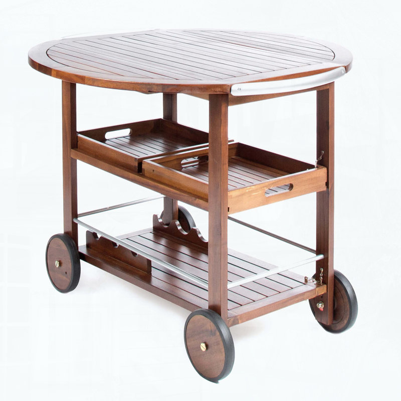 Chariot-bar extérieur / intérieur avec plateau rabattable et plateaux amovibles, bois et aluminium