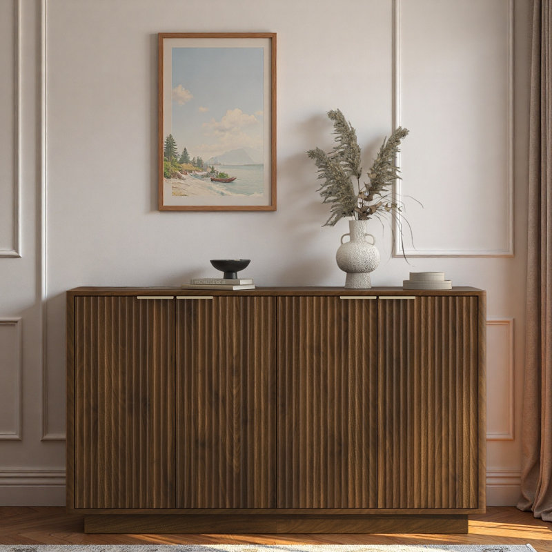 Modern Fluted Sideboard With Adjustable Shelves And Metal Handles, Walnut