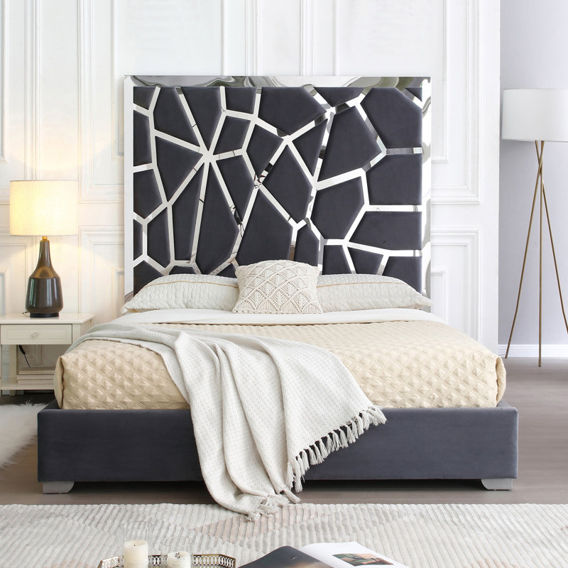 Upholstered Metal Platform Bed, Queen, Gray