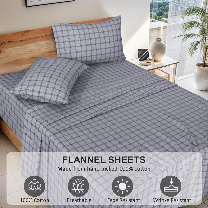 100% Cotton Flannel Sheet Set 4 Piece Warm Cozy Fall Sheets 16 inch Deep Pocket Bed Sheets, Open Grid Checkered