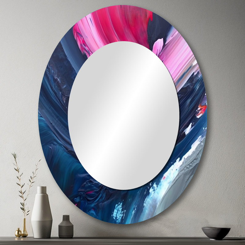Blue and Pink Textured Art - Abstract Oval Decorative Mirror On Metal, 43" x 33"