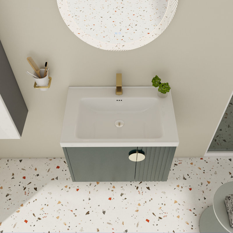 Wall Mounted Bathroom Vanity With Ceramic Washbasin, 28 Inch, Soft Close Doors, Modern For Small Baths, Plywood Inch Sink - Cabinet Smooth Surface