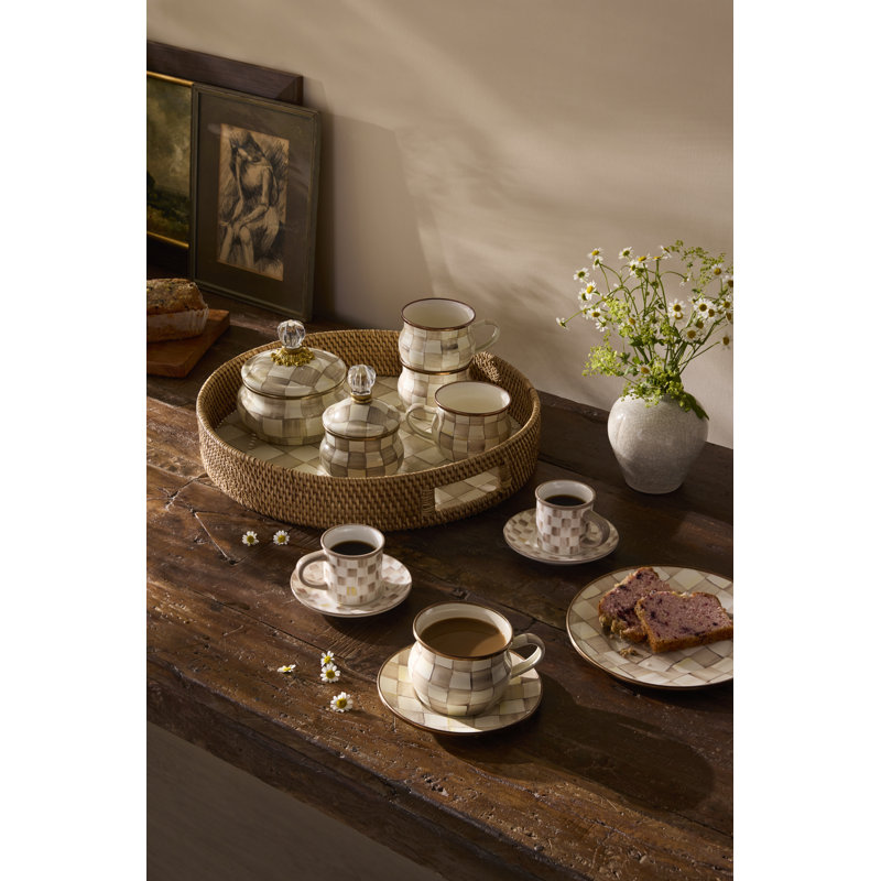 Sterling Check Stoneware Espresso Cup and Saucer, Set of 4, Pink/White