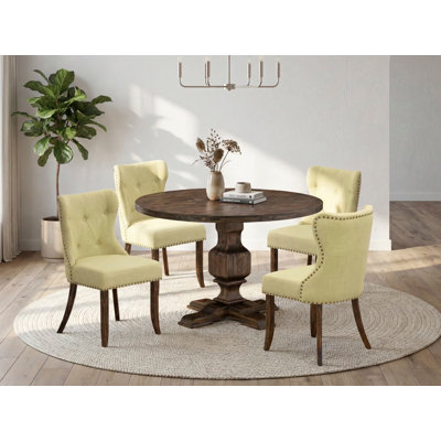 5-Pc Modern Dining Table Set - Dining Table and 4 Limelight Color Parson Modern Chairs with Button Tufted Back - Distressed Jacobean Finish