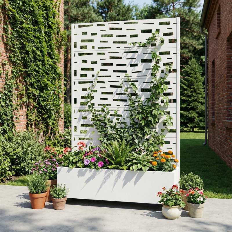 Boîte à fleurs en métal avec treillis et roues, H 72 po x l 47 po x P 16 po, Blanc