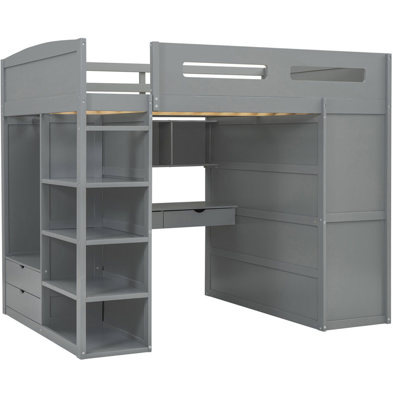 Élégant lit mezzanine double gris avec bureau et rangement: 4 tiroirs, tablettes, armoires - étagères Hub Blaze, Lit double