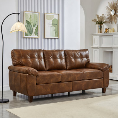 79" Three Seater Sofa Modern Design Faux Leather Couch, Living Room Sofa featuring Storage, Big Armrest Sofa, Upholstered Breathable PU Leather Sofa,