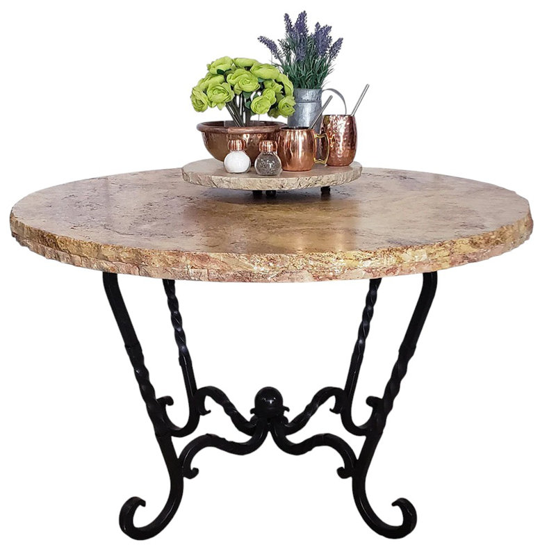 54" Peach Travertine Patio Dining Table: Hand-forged Wrought Iron Base