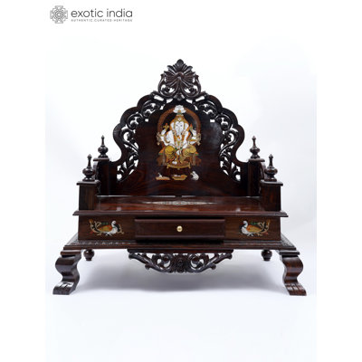 35'' Designer Wooden Temple Mandasana | Hand-Carved Pooja Mandir with Lord Ganesha Inlay & Storage Drawer | Solid Wood Home Altar