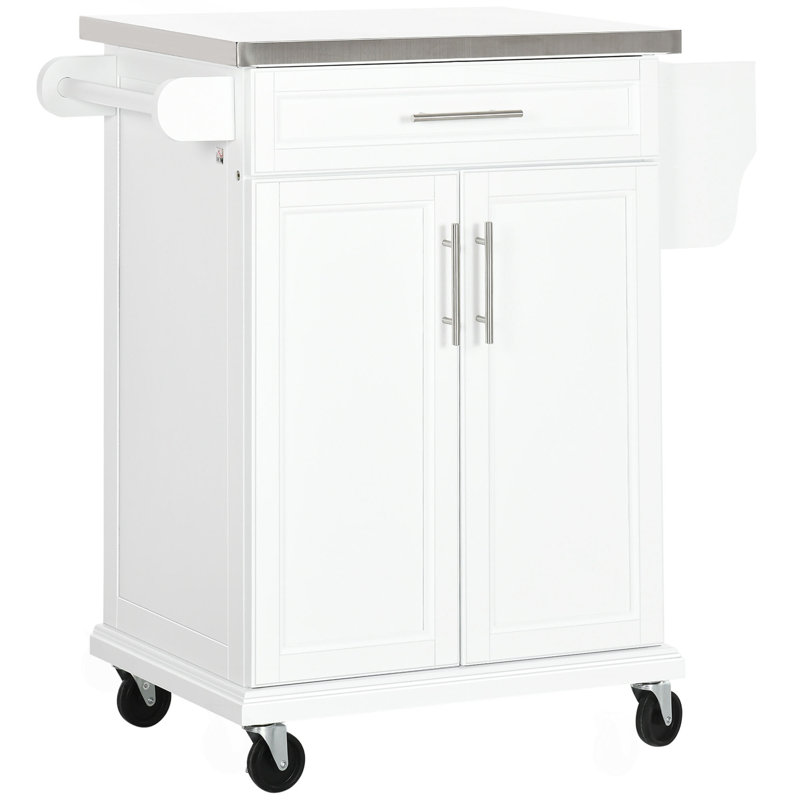 Kitchen Island On Wheels, Rolling Kitchen Cart With Stainless Steel Countertop, Drawer, Towel Rack And Spice Rack, Utility Storage Trolley