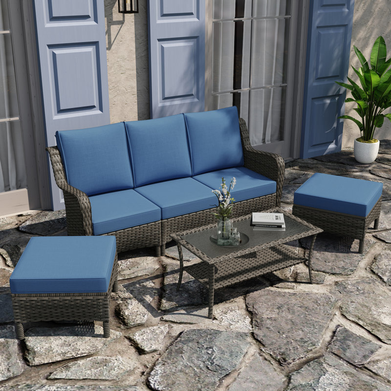 3 - Person Seating Group with Cushions, Blue, Grey