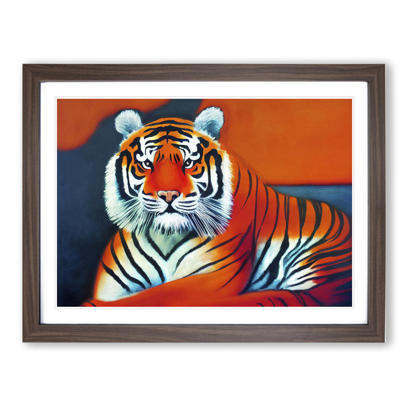Striking Tiger - Single Picture Frame Print, 34cm H x 46cm W x 2cm D, Walnut