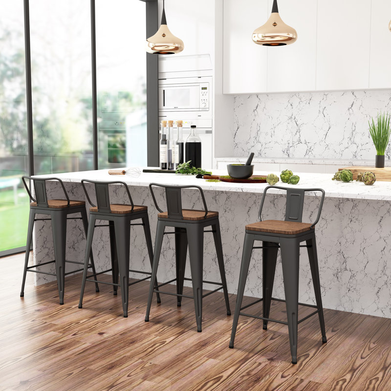 Saleh Counter Stool with Metal Frame, Matte Black, Counter Stool (26" Seat Height)
