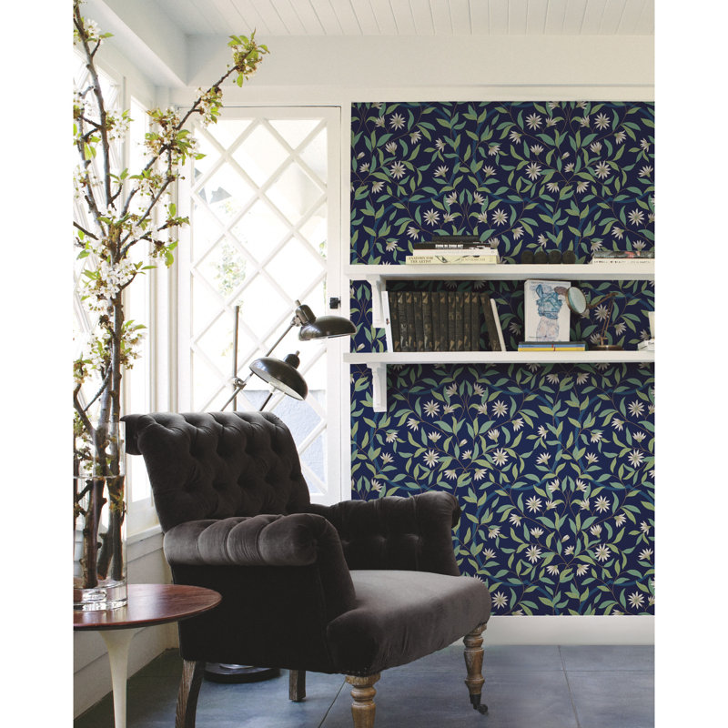 Papier peint floral Helghi, Bleu métallisé