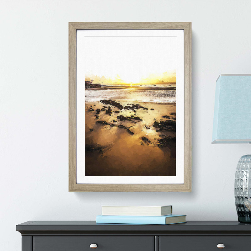 Sunrise at Tenby Beach in Wales in Abstract - Picture Frame Graphic Art Print, 48cm H x 36cm W x 2cm D, Oak Framed