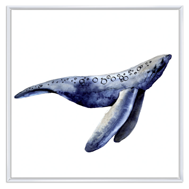 Baleine bleue sur fond blanc - peinture sur toile, H 30 po x l 30 po x P 1 po, Cadre flottant blanc