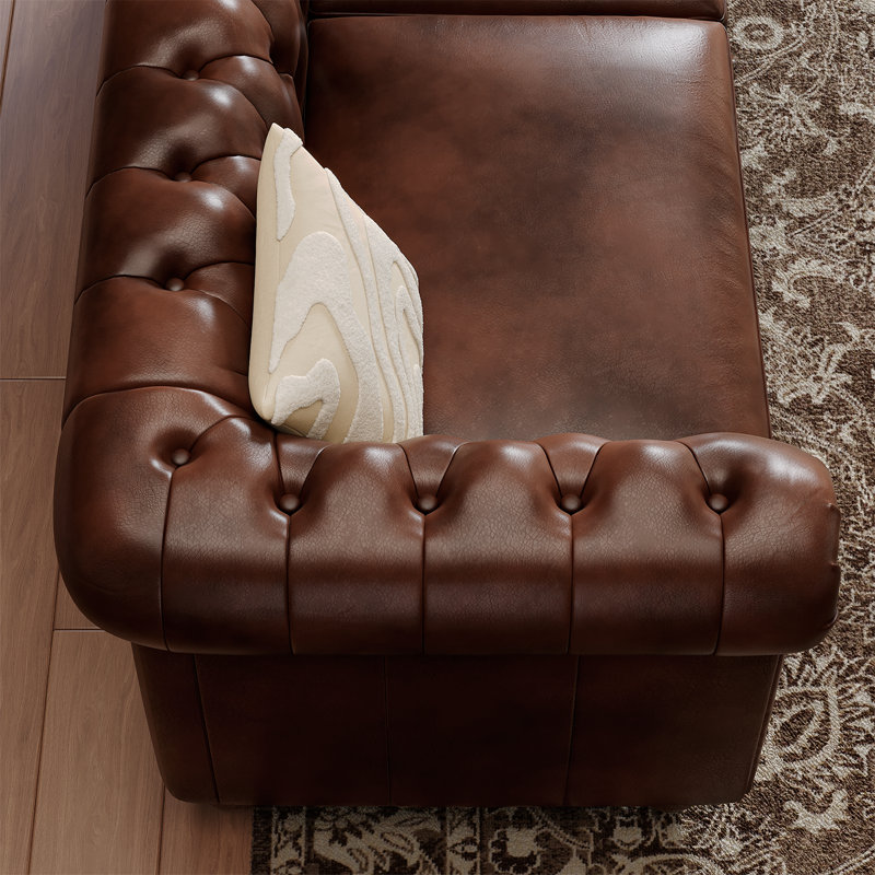 80.7" Leather Sofa, Chesterfield Sofa With Rolled Arm And Solid Wood, Brown